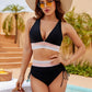 👙 Bikini z wysokim stanem i tęczową gumką – kontrola brzucha, dekolt halter w kształcie V, boczne sznurki na plażę i basen