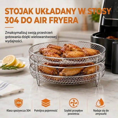 🍎 SUSZ, ODWADNIAJ I UKŁADAJ — WSZYSTKO W JEDNYM MIEJSCU! Wielopoziomowy stojak do frytkownicy beztłuszczowej ze stali nierdzewnej