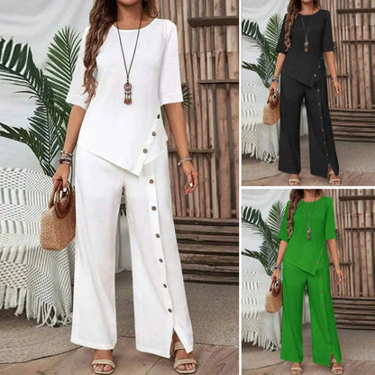 💖 Damski Dwuczęściowy Top i Luźne Spodnie z Nieregularnym Dolem – Stylowa Wygoda na Co Dzień! ✨👖