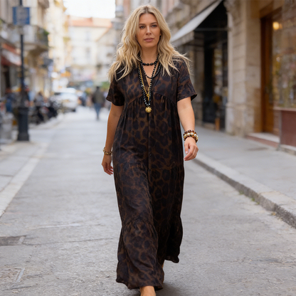 ⏰ 50% TANIEJ! 🌸 Długa sukienka damska z dekoltem w serek w panterkę – Twój letni must-have! ☀️🐆💃