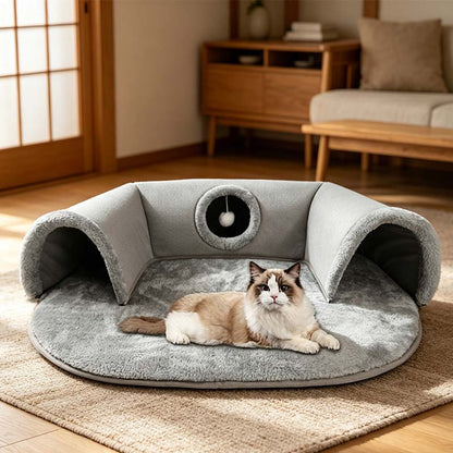 🐱 Pluszowe legowisko dla kota 2 w 1 z tunelem – przytulna kryjówka i zabawa w jednym! ✨🛏️