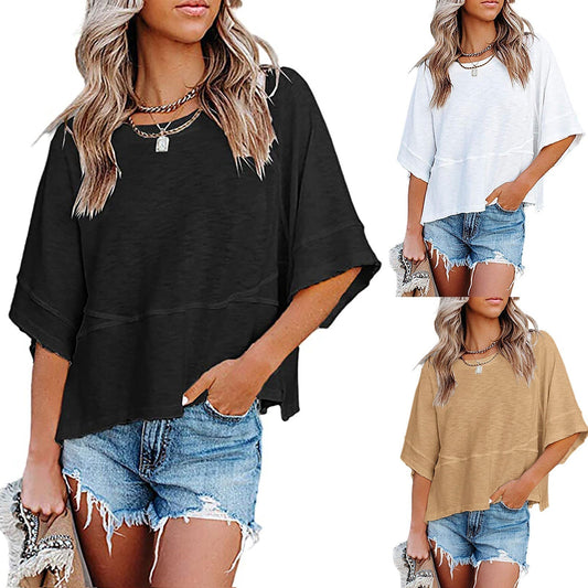 💃 Damski luźny T-shirt z rękawami dzwonami – jednolity kolor, łączony fason, który nadaje lekkości i stylu każdej stylizacji! ✨👕