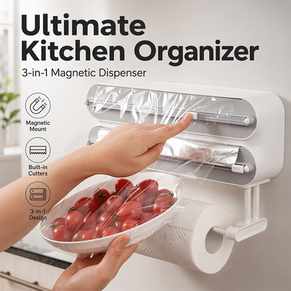 🧲50% TANIEJ TERAZ! Magnetyczny dozownik folii kuchennej 3 w 1 – Wbudowany obcinacz do folii spożywczej z uchwytem na ręczniki papierowe, bez wiercenia, organizer na lodówkę i szafkę