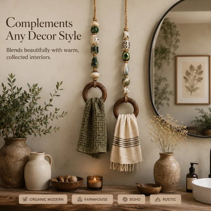 🧺 50% ZNIŻKI TERAZ! 🌿 Dekoracyjny wieszak na ręczniki z koralikami i drewnianym pierścieniem – naturalny, boho styl ✨