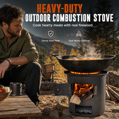 🔥 TERAZ 50% TANIEJ ✨ Wytrzymała kuchenka turystyczna na drewno i węgiel drzewny – silny ciąg powietrza i gotowanie 3 w 1 🏕️